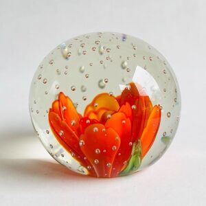 Vintage Orange Flower Bubble Clear Art Glass Round Paper Weight